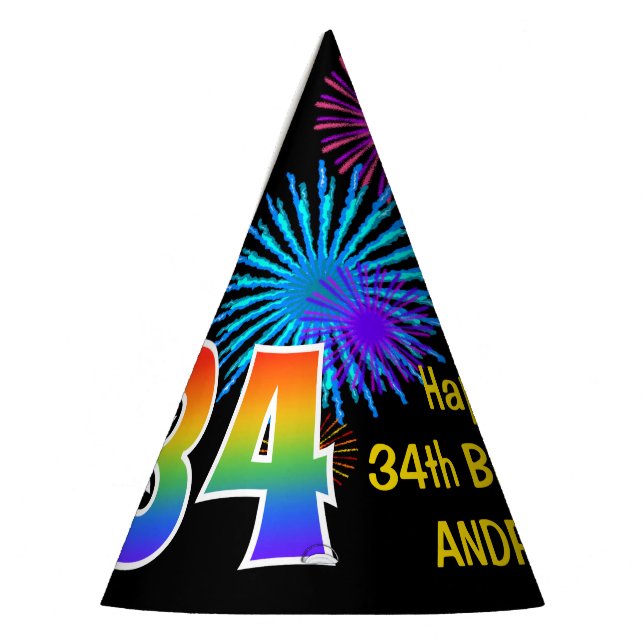 Chapeaux De Fêtes Fun Fireworks + Rainbow Motif "34" Anniversaire # (Gauche)