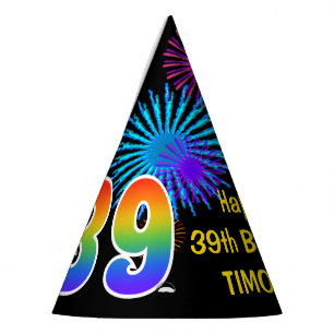 Chapeaux De Fêtes Fun Fireworks + Rainbow Motif "39" Anniversaire #
