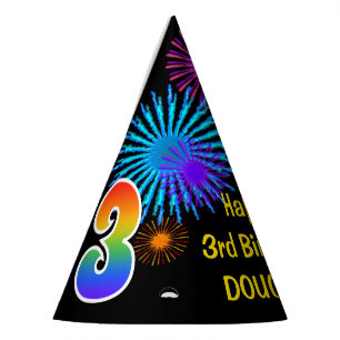 Chapeaux De Fêtes Fun Fireworks + Rainbow Motif "3" Anniversaire #