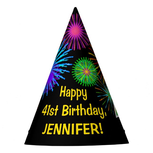 Chapeaux De Fêtes Fun Fireworks + Rainbow Motif "41" Anniversaire # (Devant)