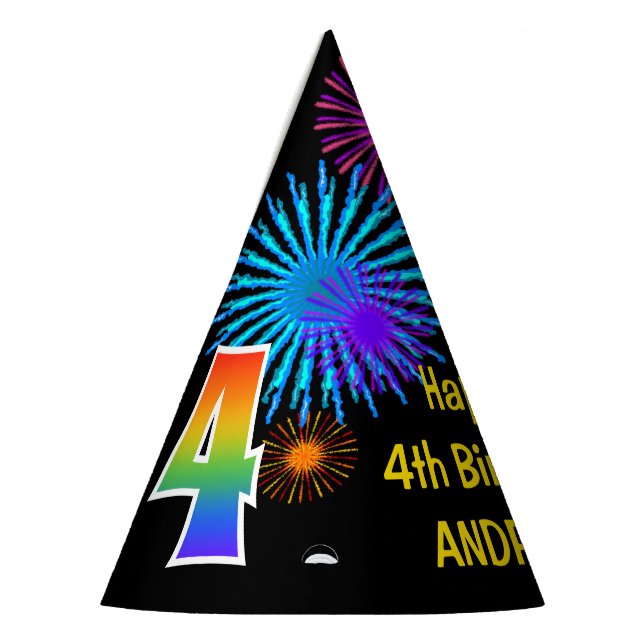 Chapeaux De Fêtes Fun Fireworks + Rainbow Motif "4" Anniversaire # (Gauche)