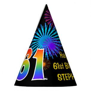 Chapeaux De Fêtes Fun Fireworks + Rainbow Motif "61" Anniversaire #