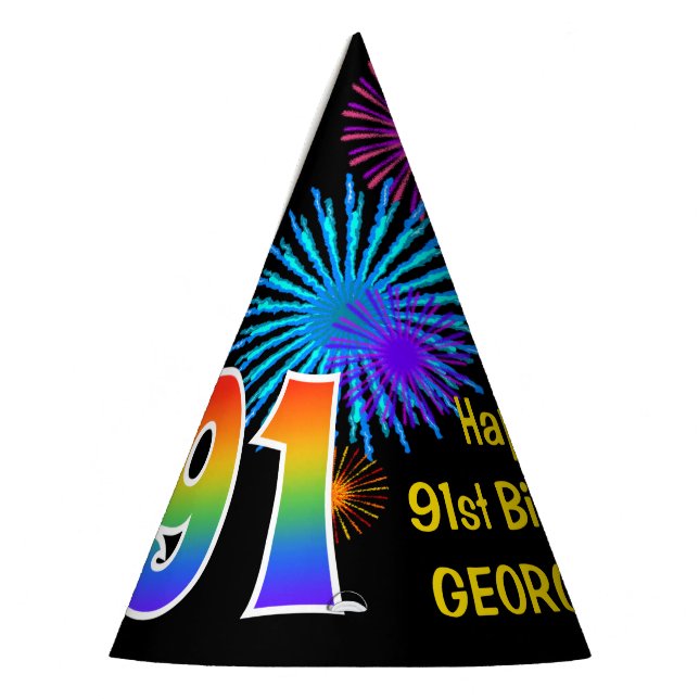Chapeaux De Fêtes Fun Fireworks + Rainbow Motif "91" Anniversaire # (Gauche)
