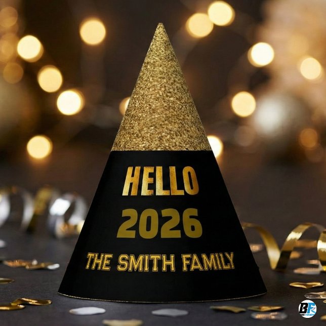 Chapeaux De Fêtes Hello 2026 Black & Gold Glitter Custom Family Name (Hello 2026)
