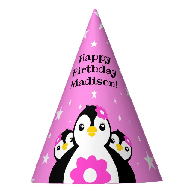 Chapeaux De Fêtes Joli Anniversaire Pingouins Fleurs Roses (Devant)