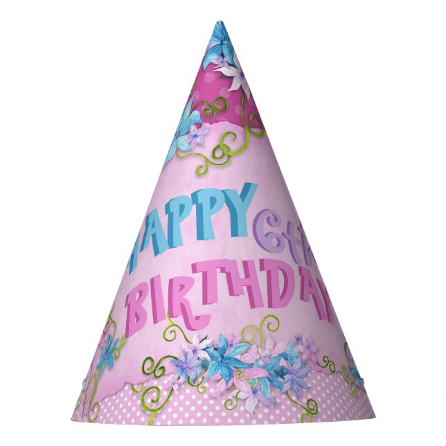 Chapeaux De Fêtes Joyeux 6e anniversaire Floral rose violet Pois (Devant)