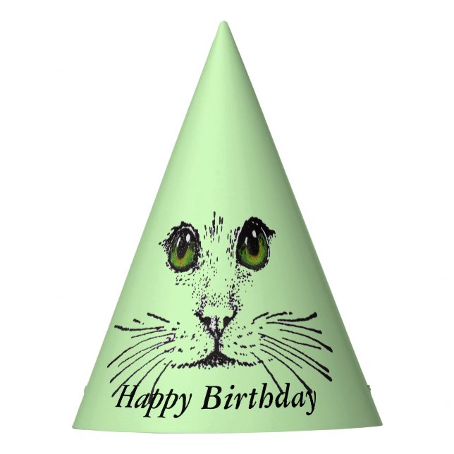 Chapeaux De Fêtes Joyeux Anniversaire Chat Face Gros yeux verts (Devant)