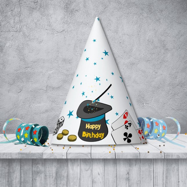Chapeaux De Fêtes Joyeux Anniversaire magique Montrer noir blanc ble (Happy Birthday Magic Show Black White Blue Kids Party Hat, Customize Text, Colors)