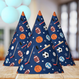Chapeaux De Fêtes Kids Sports Equipment Pattern on Blue Birthday