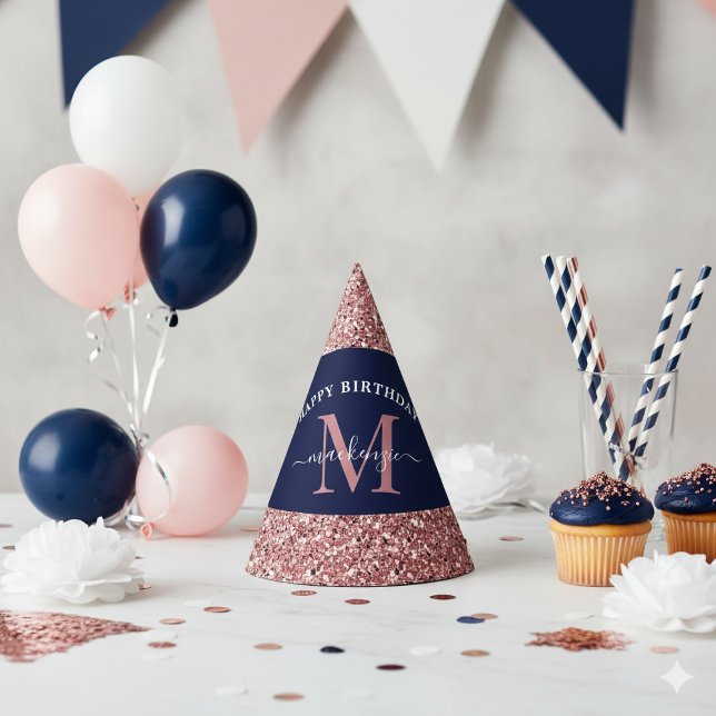 Chapeaux De Fêtes Marine Blue Rose Gold Monogramme Anniversaire (Navy Blue Rose Gold Glitter Monogram Birthday Party Hat)