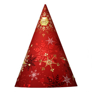 Chapeaux De Fêtes Noël Golden Snowflakes sur Arrière - plan rouge