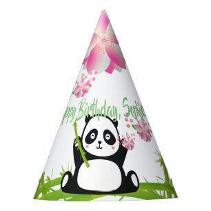Chapeaux De Fêtes Panda heureux avec bambou et fleurs de cerisiers
