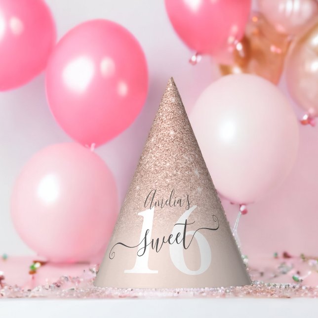 Chapeaux De Fêtes parties scintillant en or rose  sombre rose brilla (Rose gold glitter ombre blush pink script Sweet 16 Party Hat)