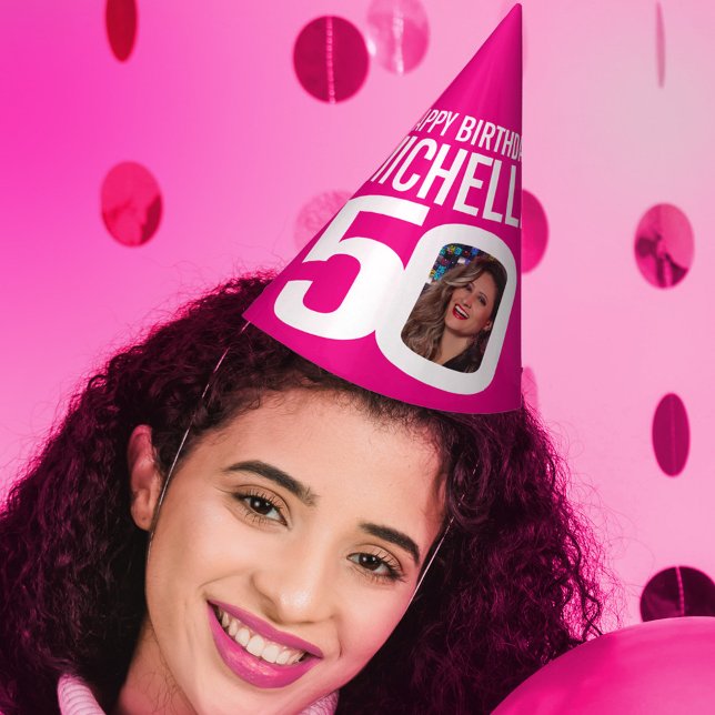 Chapeaux De Fêtes photo de 50e anniversaire personnalisée blanc rose (Créateur téléchargé)