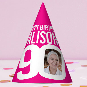 Chapeaux De Fêtes photo de 90e anniversaire personnalisée blanc rose