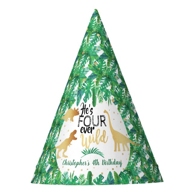 Chapeaux De Fêtes Quatre Dinosaures Sauvages Boys 4e anniversaire (Devant)