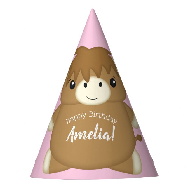 Chapeaux De Fêtes Scottish Highland Cow fête d'anniversaire rose (Devant)