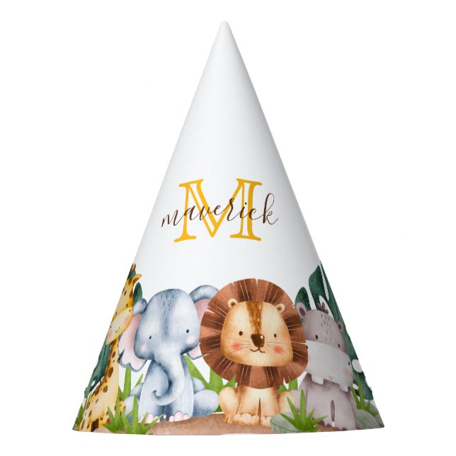 Chapeaux De Fêtes Simple Safari Jungle Monogramme 1er anniversaire (Devant)