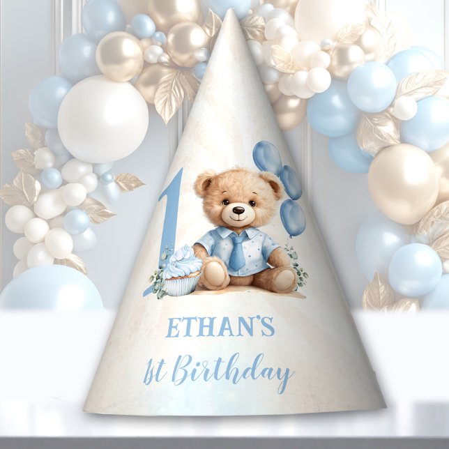 Chapeaux De Fêtes Teddy Bear 1er Anniversaire Blue Ballons Papier (Teddy Bear 1st Birthday Blue Balloons Paper Party Hat)
