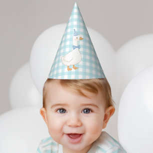 Chapeaux De Fêtes Un Silly Goose Blue Plaid Cute Boy Premier anniver