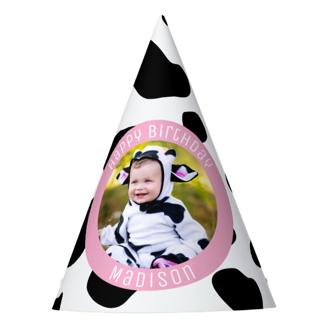 Chapeaux De Fêtes Vache rose mignonne Imprimer Ferme Fille Anniversa (Devant)