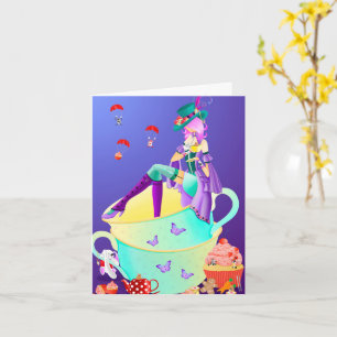 Chapelier Fou dans Tasse de Thé Carte de Vœux