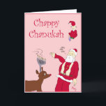Chappy Chanukah Feiertagskarte<br><div class="desc">Auf dieser Karte befindet sich ein Rabbiner-artiger Weihnachtsmann,  ein Elf,  der dreidel spielt,  und der Rotnasen-Rentier mit einer Menorah anstelle von Antlers. Ja,  die typische Glaubensfamilie hübsch.</div>