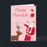 Chappy Chanukah Feiertagskarte<br><div class="desc">Auf dieser Karte befindet sich ein Rabbiner-artiger Weihnachtsmann, ein Elf, der dreidel spielt, und der Rotnasen-Rentier mit einer Menorah anstelle von Antlers. Ja, die typische Glaubensfamilie hübsch.</div>