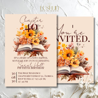 Chapter 40 Birthday – Open Book with Fall Flowers Einladung