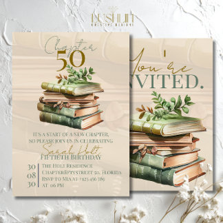 Chapter 50 Birthday | Stacked Books & Leaves  Einladung