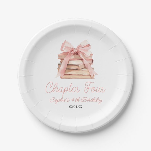 Chapter Four Pink Bow Books 4th Birthday Party Pappteller (Vorderseite)