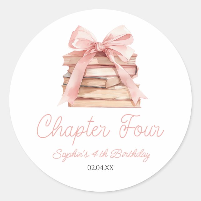 Chapter Four Pink Bow Books 4th Birthday Party Runder Aufkleber (Vorderseite)