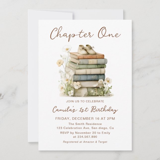 Chapter One Floral Books 1st Birthday Invitation (Devant)