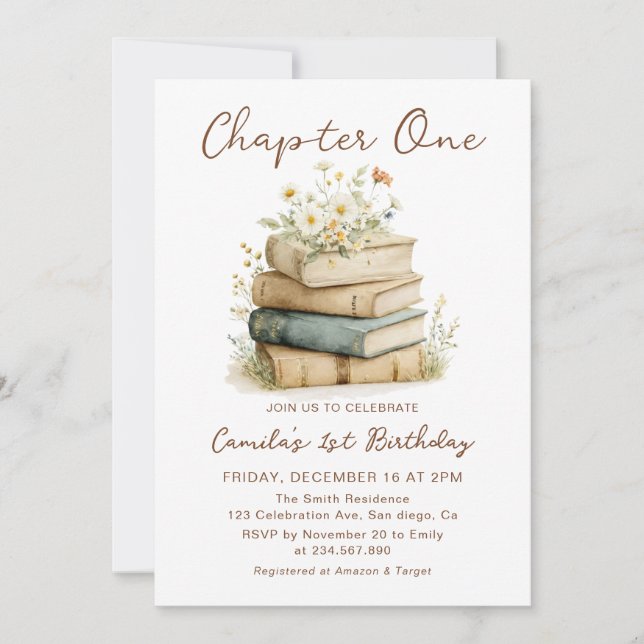 Chapter One Floral Books 1st Birthday Invitation Einladung (Vorderseite)
