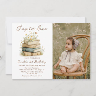 Chapter One Floral Books 1st Birthday Photo Einladung