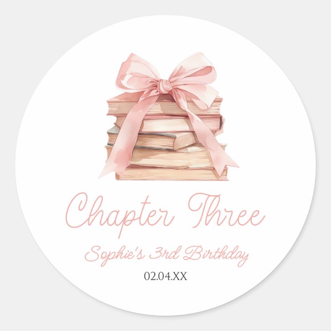Chapter Three Pink Bow Books 3rd Birthday Party Runder Aufkleber (Vorderseite)