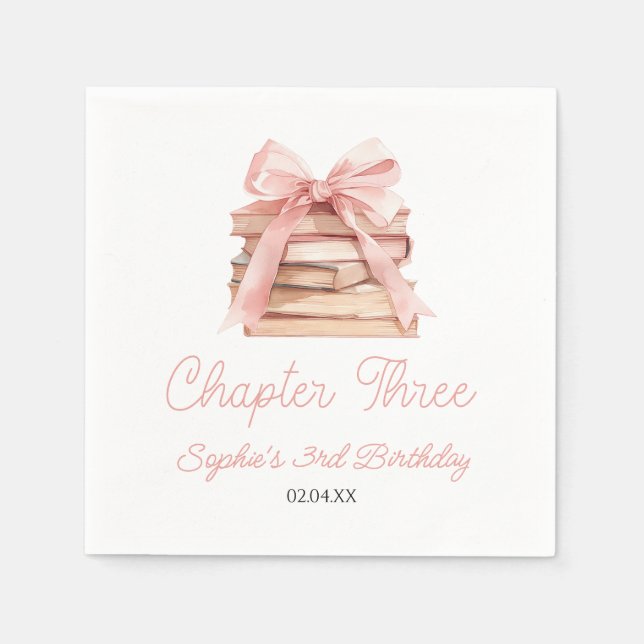 Chapter Three Pink Bow Books 3rd Birthday Party Serviette (Vorderseite)