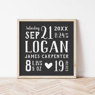 Charcoal Baby Name Birth Stats Editierbare Farbe Poster