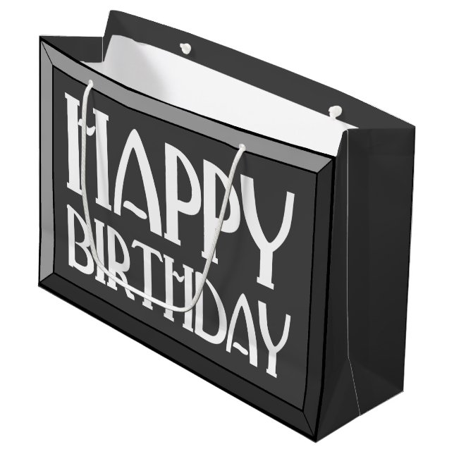 Charcoal Beveled Happy Birthday Art Deco Große Geschenktüte (Vorderseite Schrägansicht)