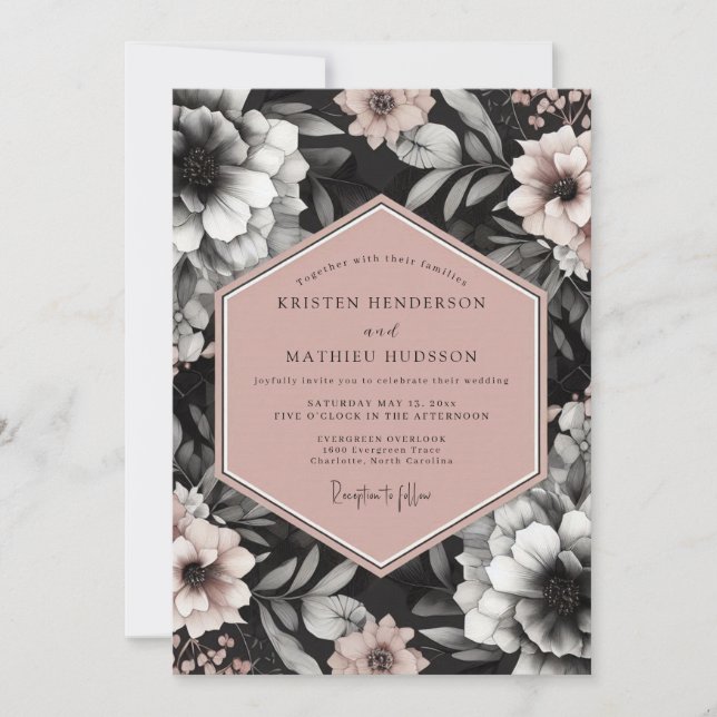 Charcoal Blush Elegant Bloom Wedding Einladung (Vorderseite)