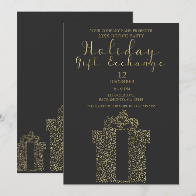 Charcoal Gold Elegant Holiday Party Gift Exchange Einladung (Vorne/Hinten)