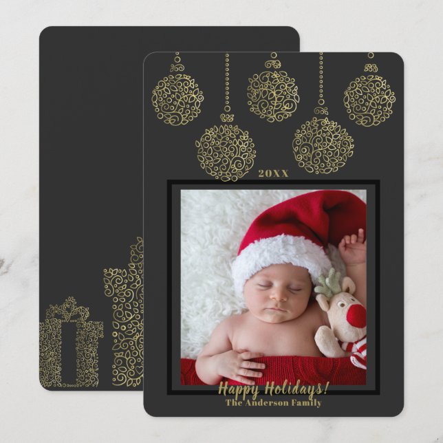 Charcoal Gold Ornaments Modernes Holiday Foto #2 Einladung (Vorne/Hinten)