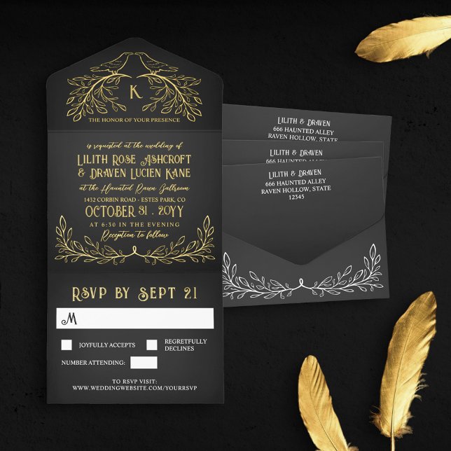 Charcoal & Gold Raven Monogram Goth Wedding All-in-One-Einladung (Von Creator hochgeladen)