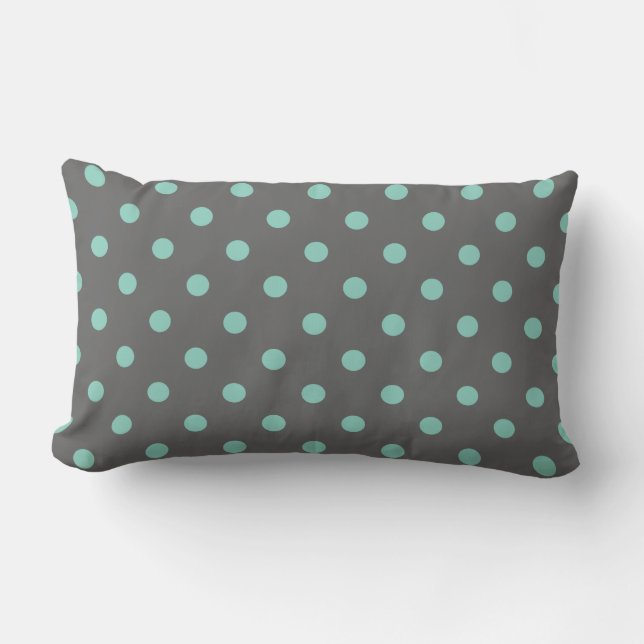 Charcoal Gray & Aqua Niedliche moderne Polka Dots Lendenkissen (Vorderseite)