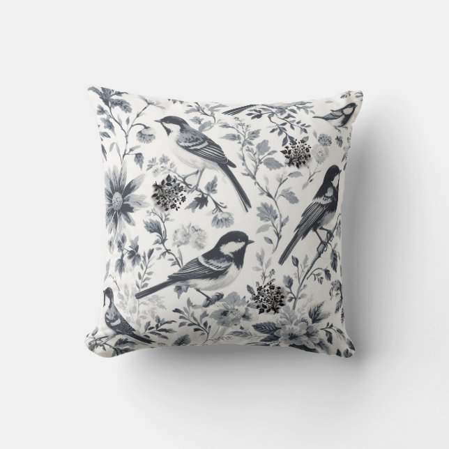 Charcoal Gray Bird Toile Kissen (Vorderseite)