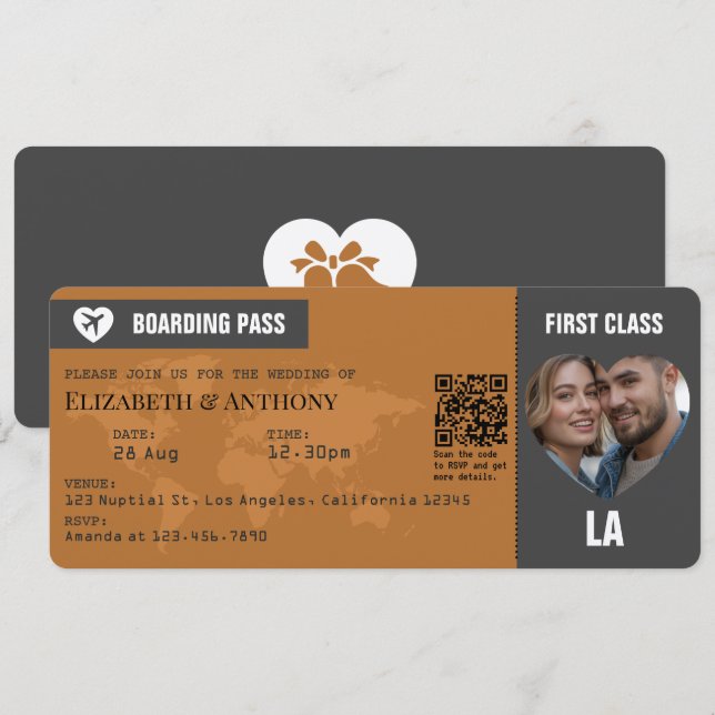 Charcoal Gray & Copper Boarding Pass Wedding Einladung (Vorne/Hinten)