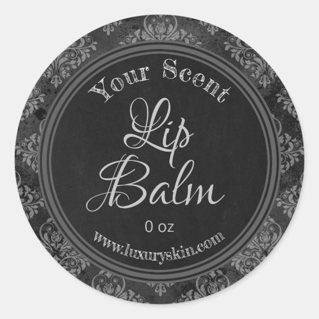 Charcoal Gray Damask Chalkboard Lip Balm Labels Runder Aufkleber (Vorderseite)