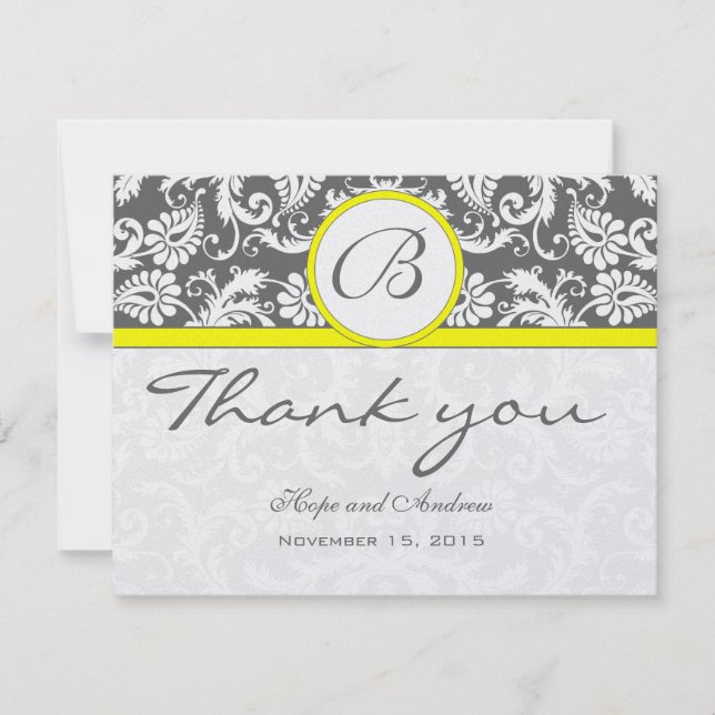 Charcoal Gray Damask Yellow Wedding Dankeschön Kar Dankeskarte (Vorderseite)