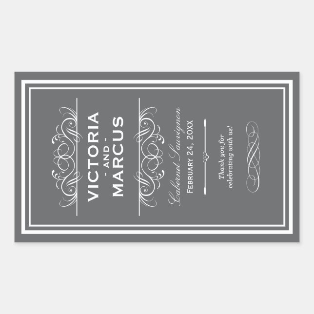 Charcoal Gray Elegant Wedding Monogram Wine Flasch Rechteckiger Aufkleber (Vorderseite)