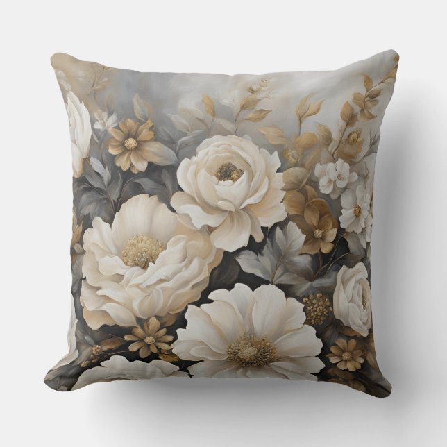 Charcoal Gray Gold Creme Floral Kissen (Vorderseite)